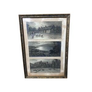Vintage Framed Triptych‎ Prints Pastoral Scenes Signed Antique Gold Frame